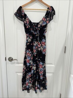 Lily Rose Floral Off-Shoulder Maxi Dress - Black with Pink & Blue Flowers small